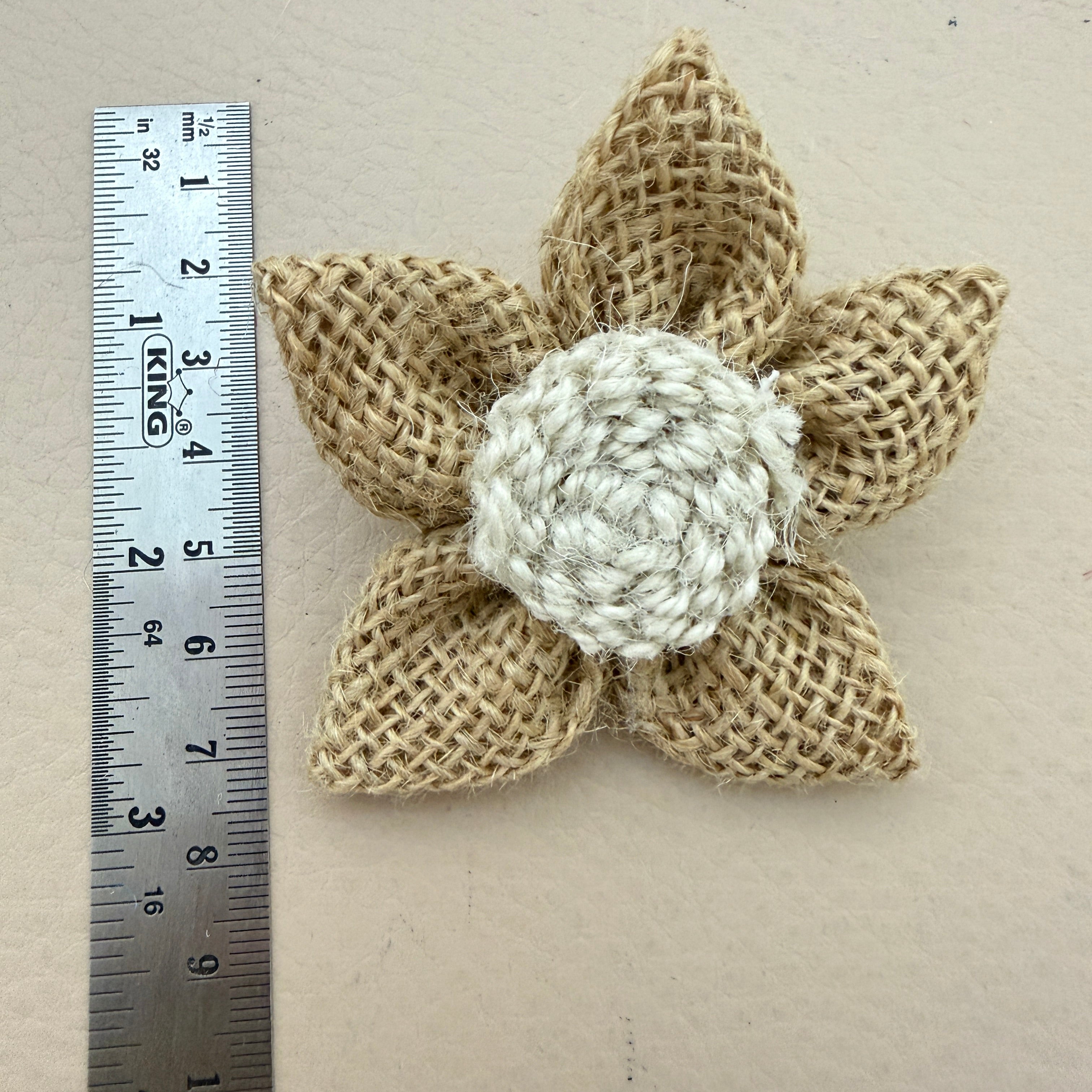 Pack of 5 jute burlap flower patches laid flat showing full set