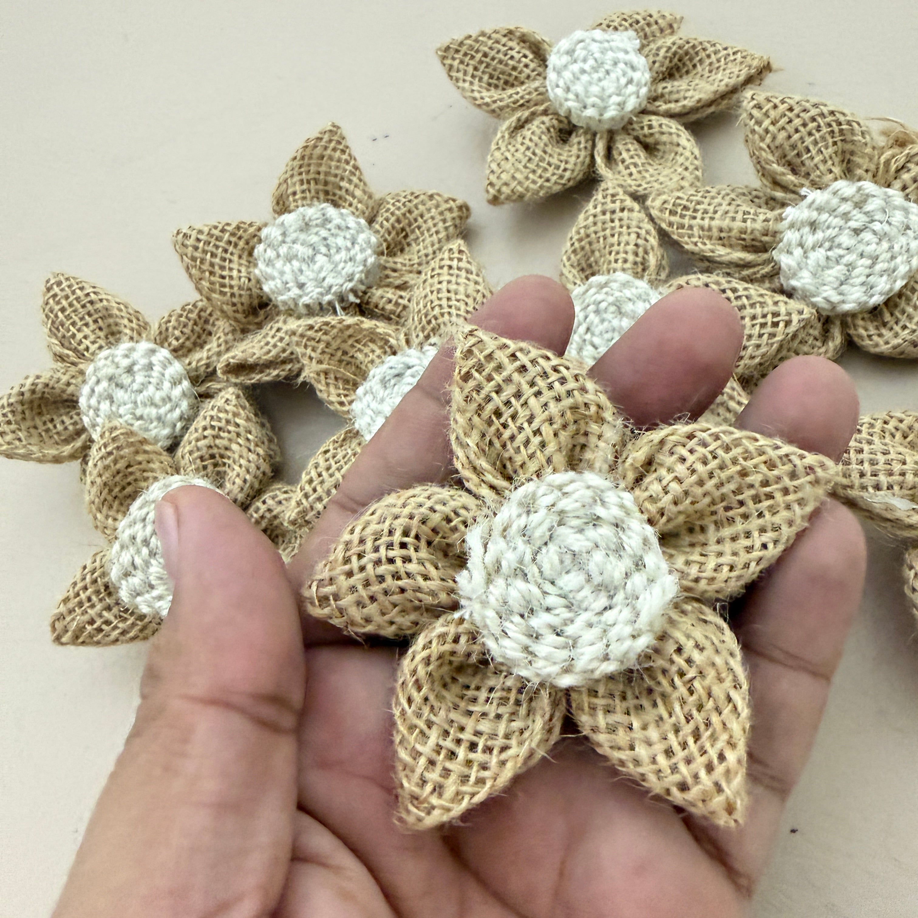 Back view of jute burlap flower patch showing construction