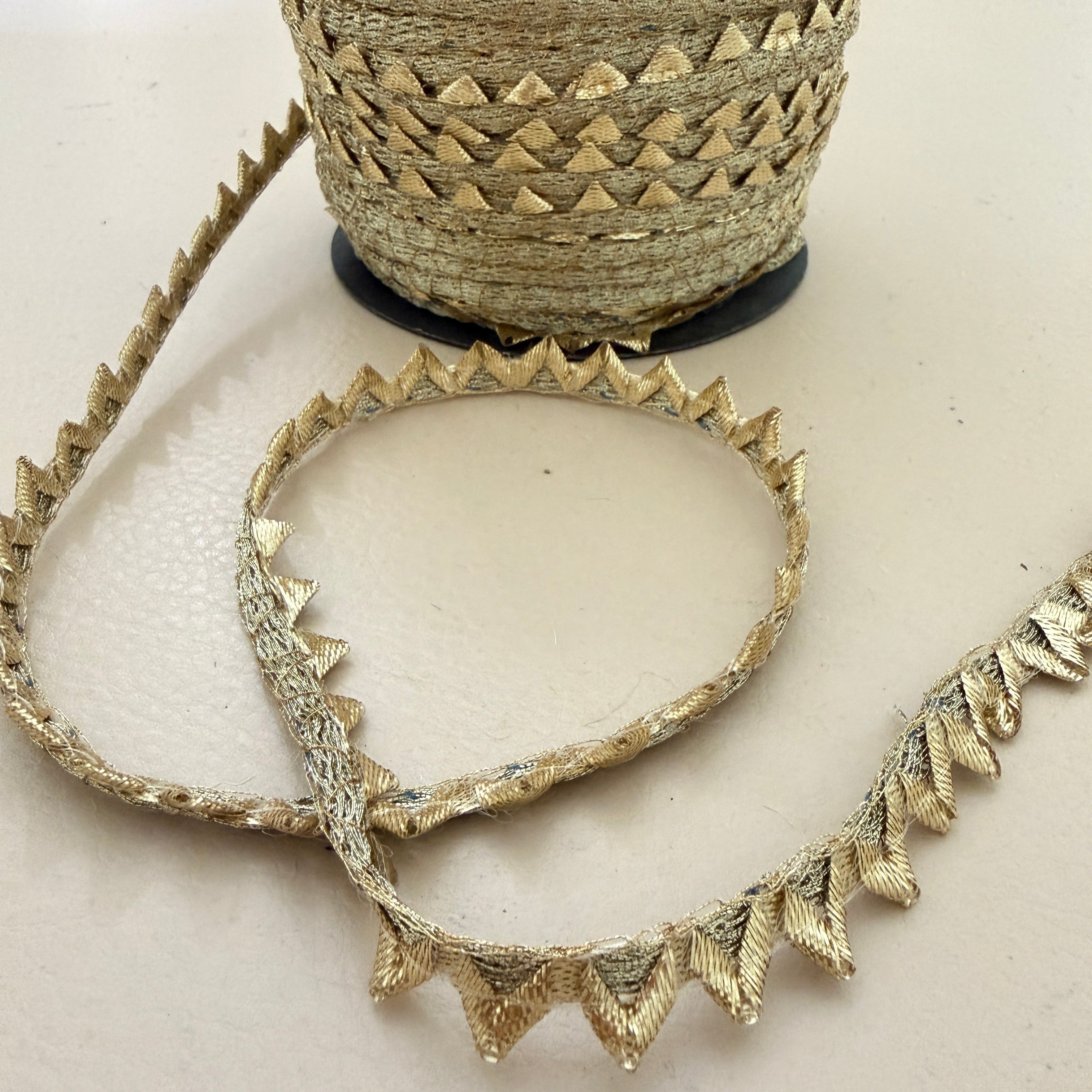 Gold zigzag chevron lace trim held in hand showing texture and width