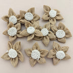 Single handmade jute burlap flower patch with ruler showing 7cm size